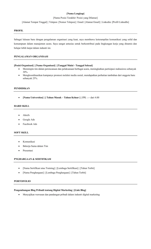 Template Curriculum Vitae ATS Friendly Terbaru 2024