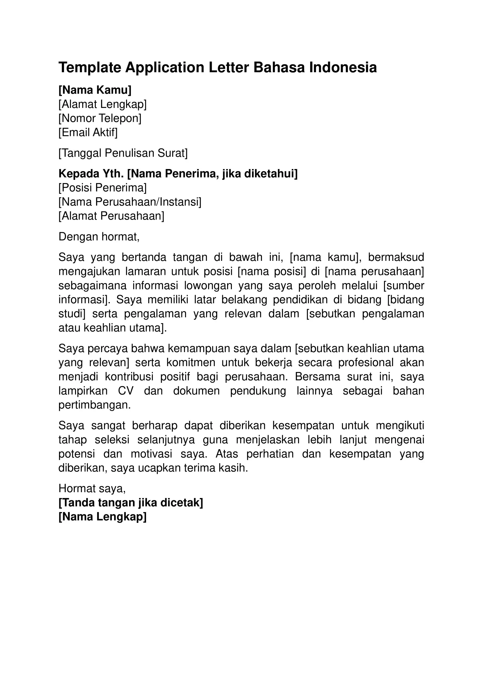 Contoh Application Letter Bahasa Indonesia