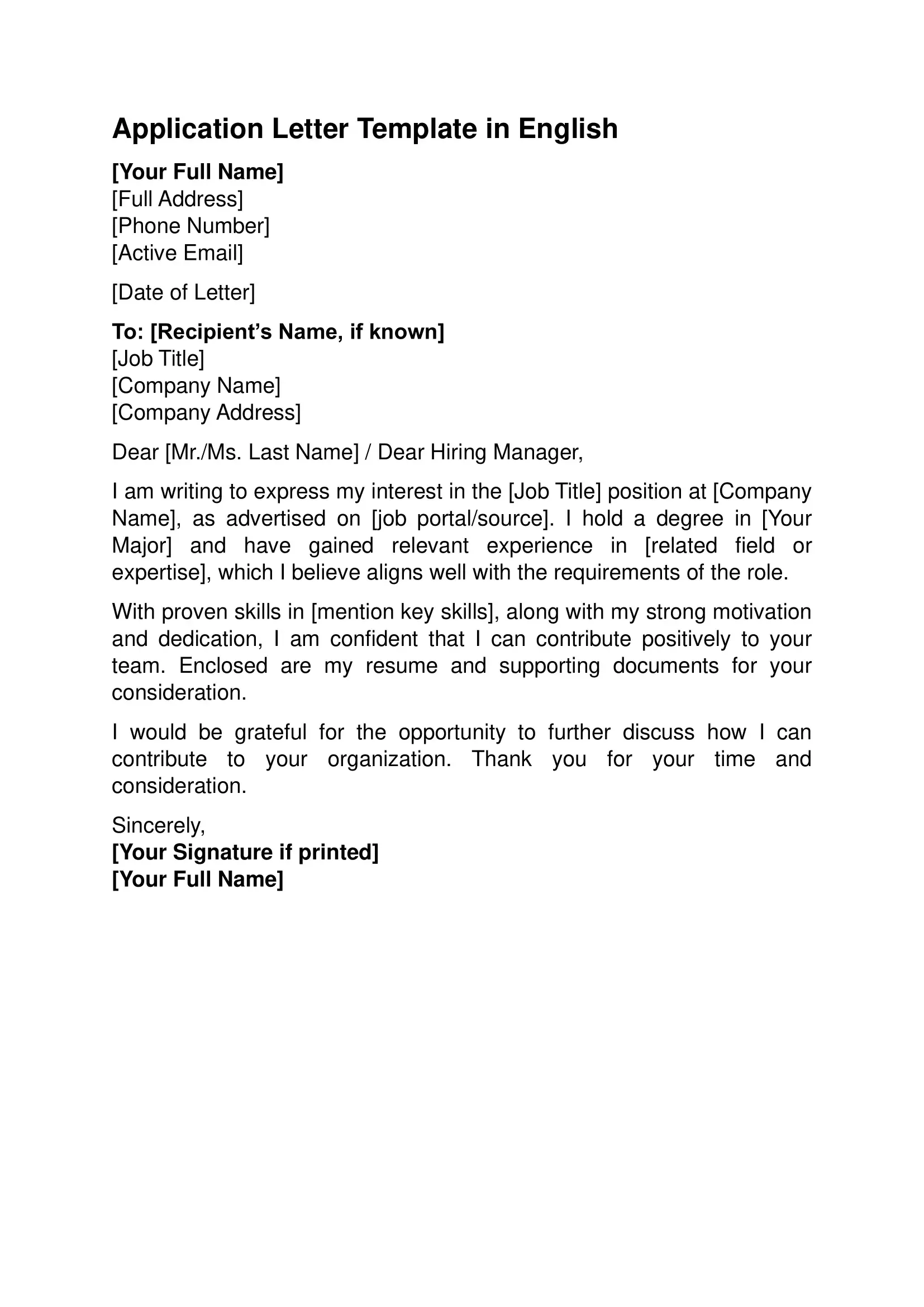 Contoh Application Letter Bahasa Inggris