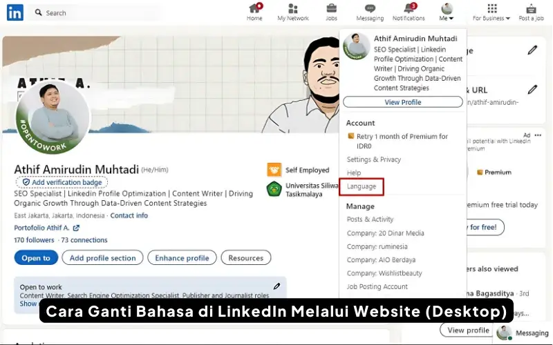 Cara Ganti Bahasa Di Linkedin Melalui Website (Desktop)