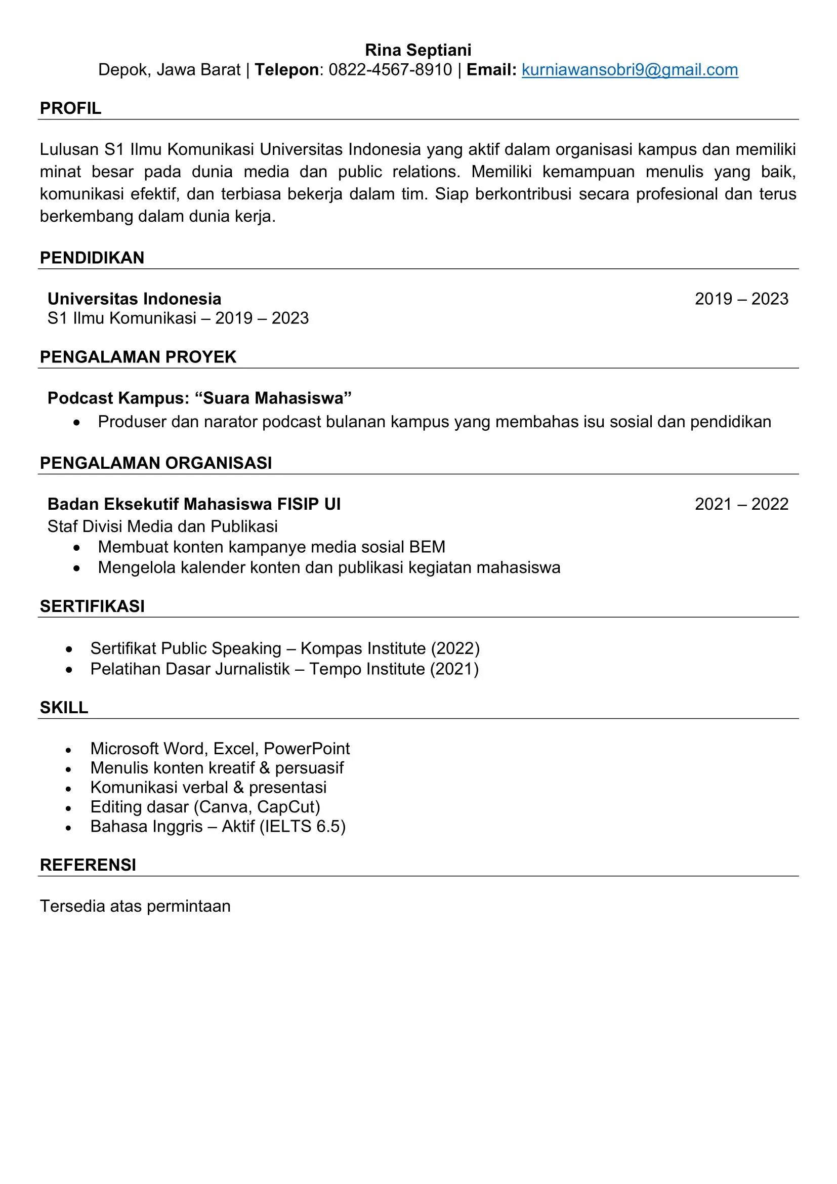Contoh Curriculum Vitae Fresh Graduate S1