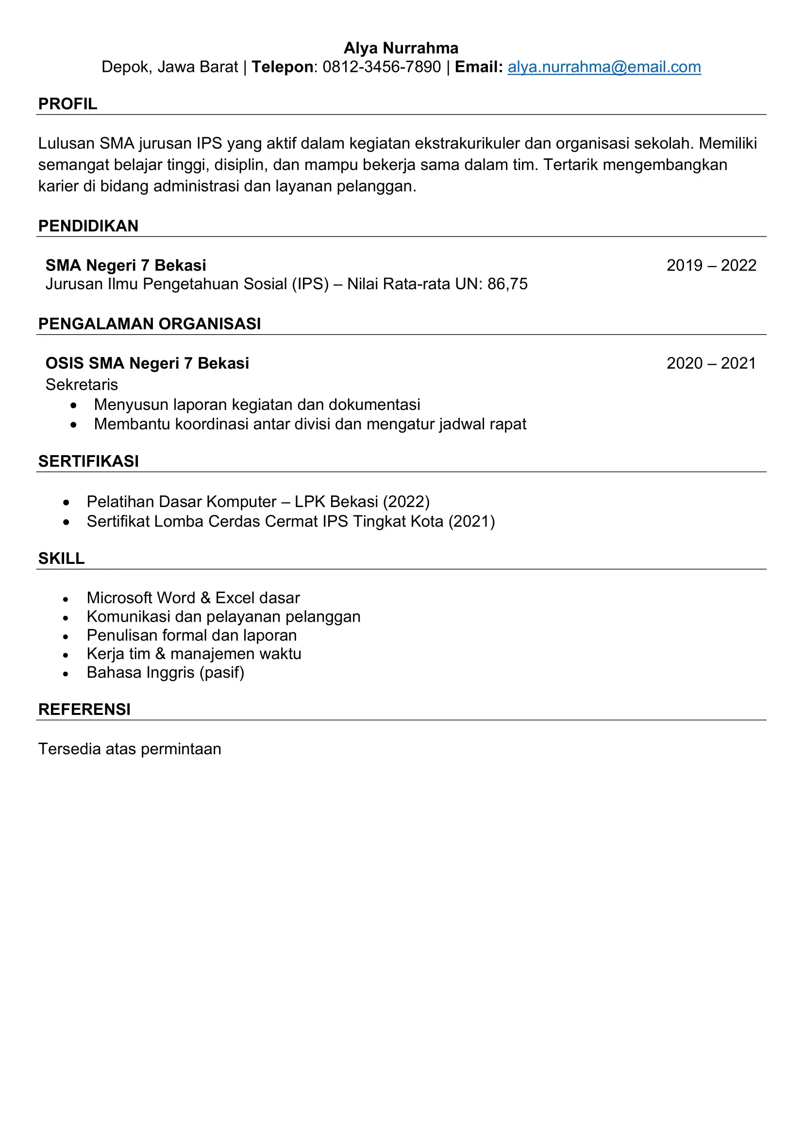 Contoh Curriculum Vitae Fresh Graduate Sma