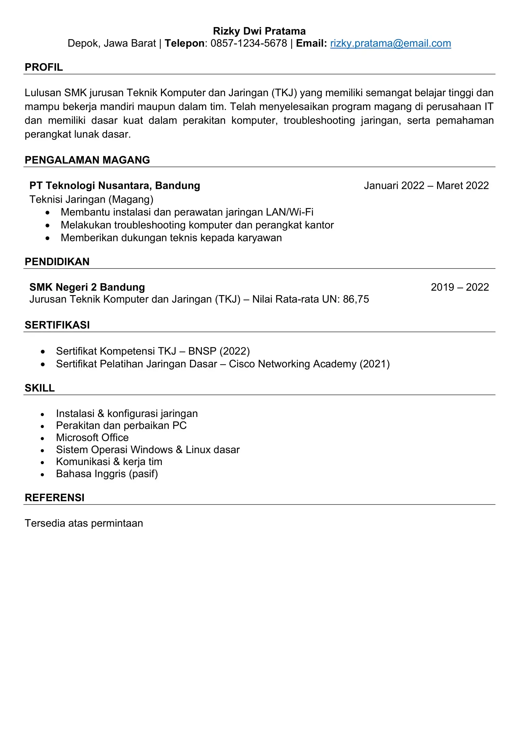 Contoh Curriculum Vitae Fresh Graduate Smk
