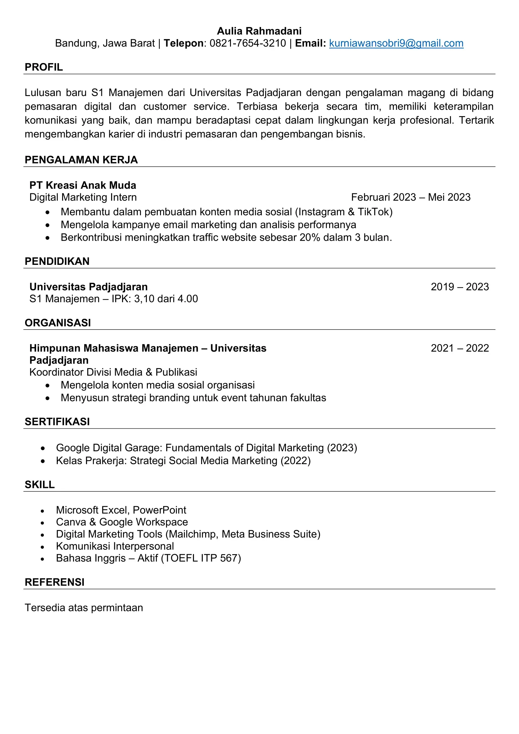 Contoh Curriculum Vitae Fresh Graduate Dengan Pengalaman Kerja