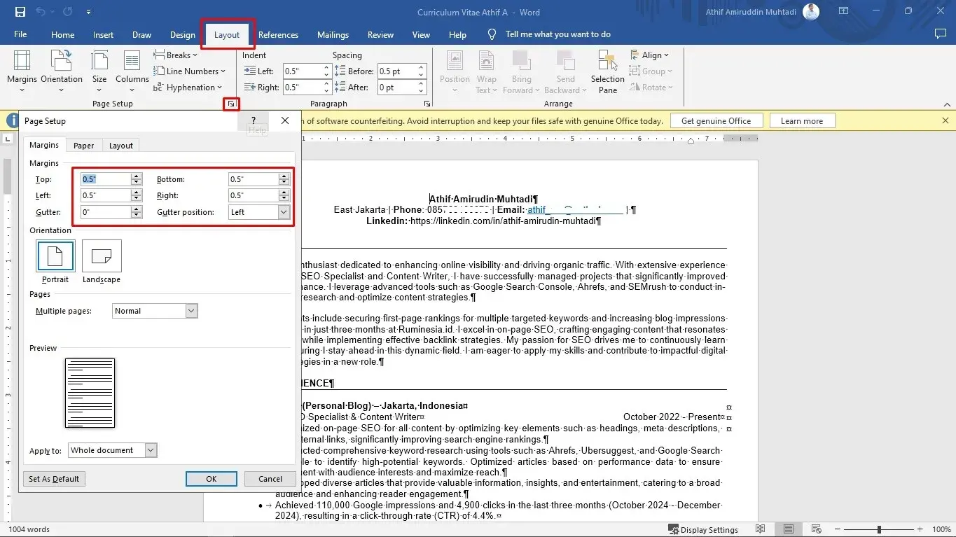 Ukuran Margin CV ATS Friendly agar CV Terlihat Profesional